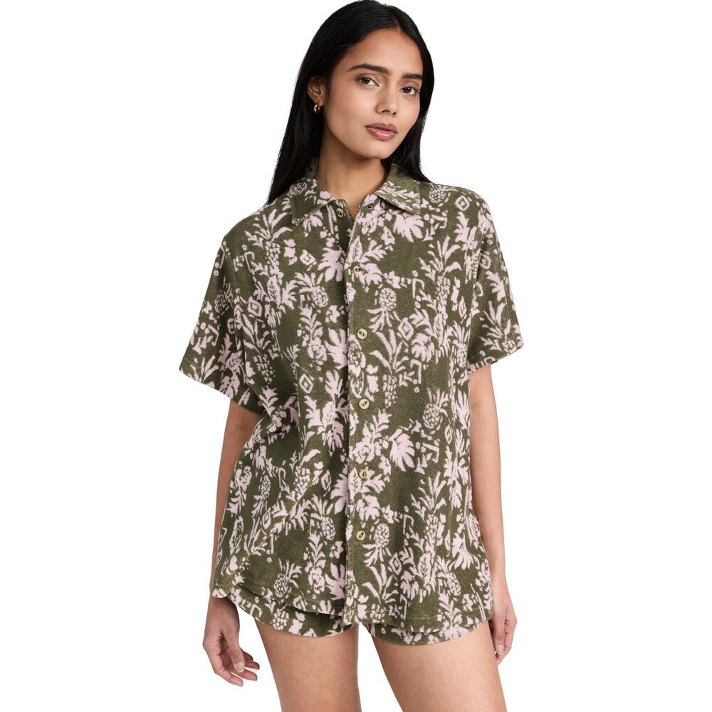 The Upside Cocos Stella Terry Shirt M Olive Floral Resort NWT Evereve Collab